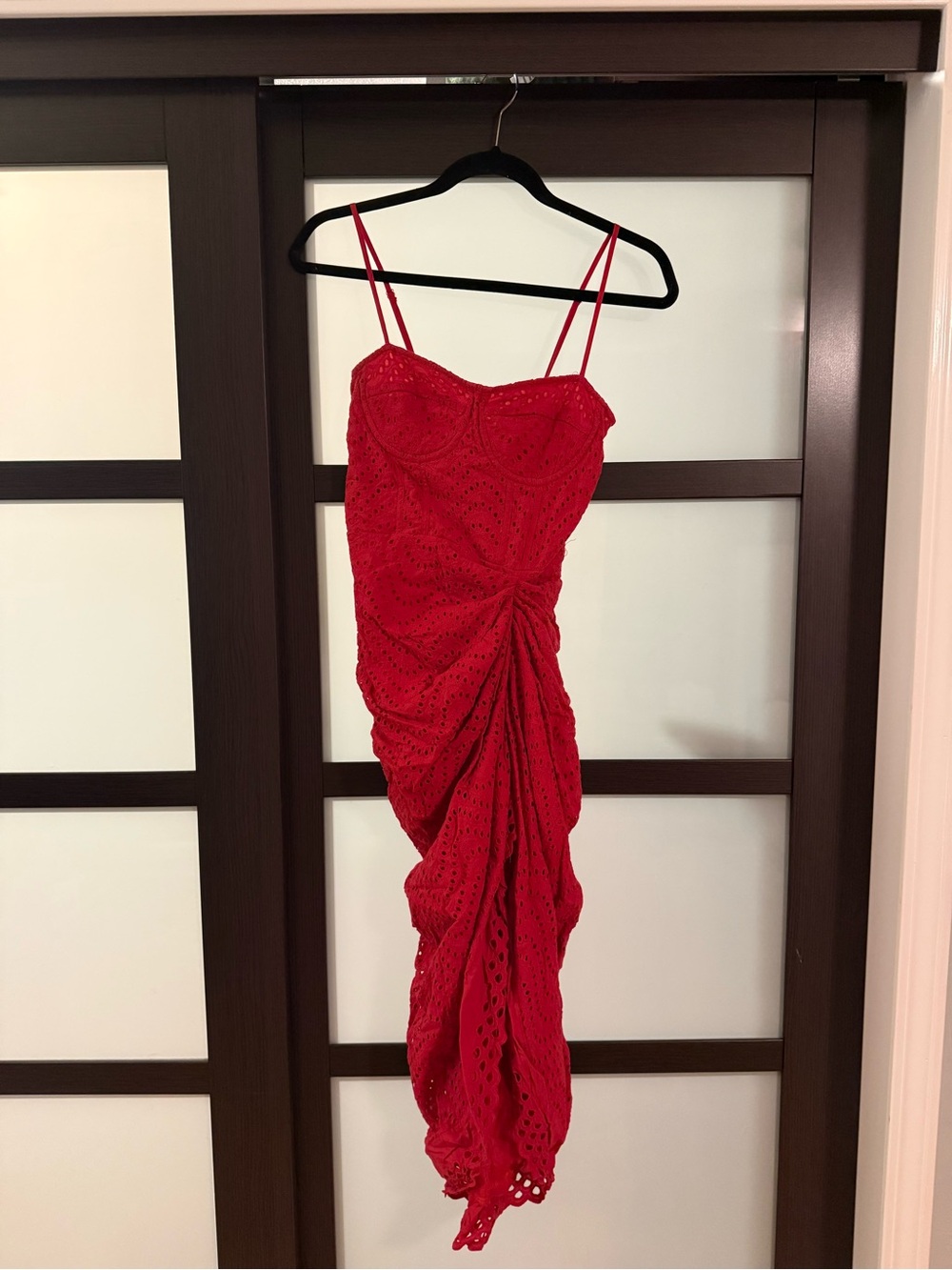 PrettyLittleThing Red Eyelet Ruched Spaghetti-Strap Dress